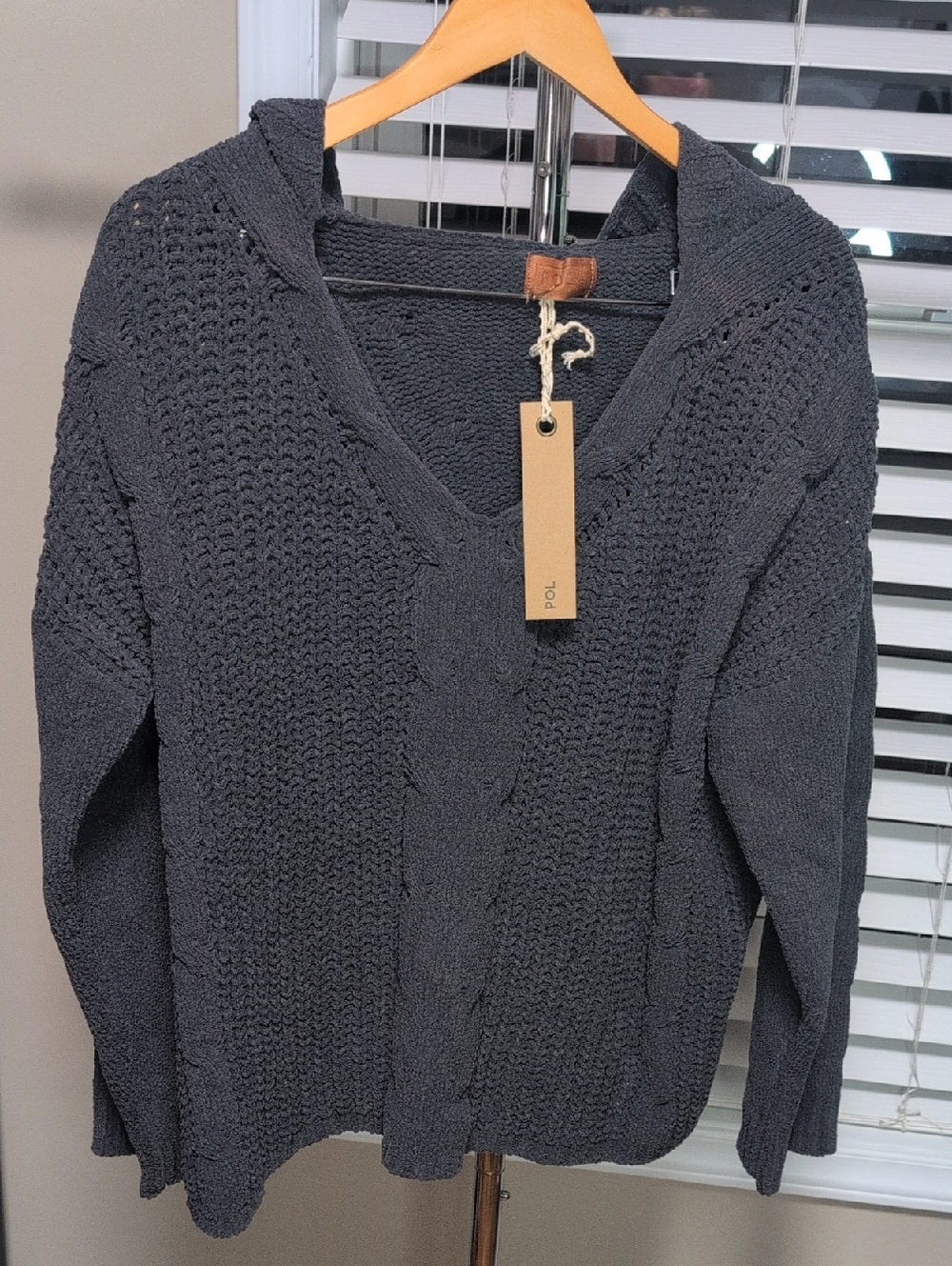 POL Cable-Knit Hooded Sweater - Charcoal Gray